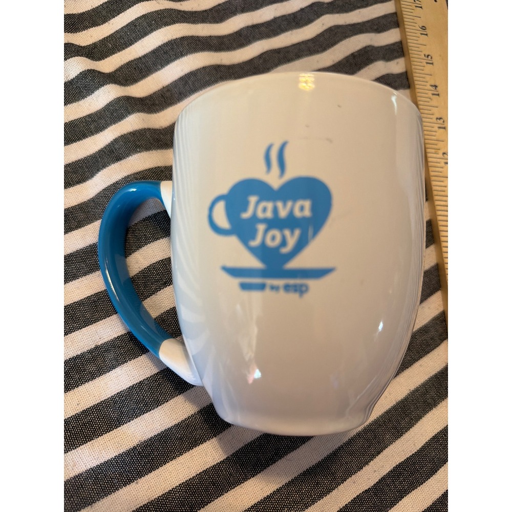 Java Joy by ESP Coffee Mug White Ceramic Teal Blue Heart Logo C-Handle Cup